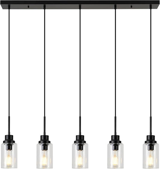 Black Dimmable Pendant Lighting for Kitchen Island, 5-Light Modern Pendant Lights for Kitchen Restaurant Living Room with Clear Glass Shade