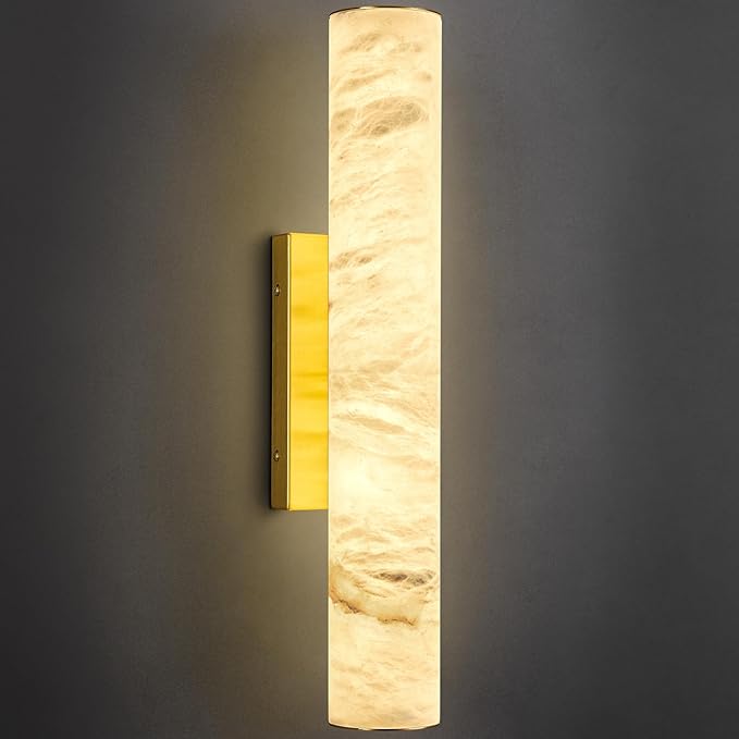 LMQNINE Natural Alabaster Wall Sconces Spanish Marble Wall Light Cylinder Modern Gold LED Sconce for Living Room Bedroom Bathroom Stairs（S-1Pack）