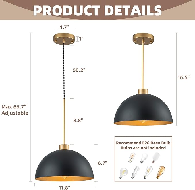 2 Pack Farmhouse Kitchen Island Pendant Lights, Black and Gold Dome Pendant Light Fixture with Metal Shade, Industrial Hanging Lighting for Dining Room Entryway Foyer, Height Adjustable