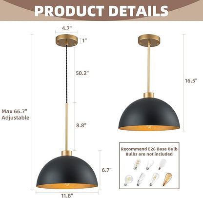 2 Pack Farmhouse Kitchen Island Pendant Lights, Black and Gold Dome Pendant Light Fixture with Metal Shade, Industrial Hanging Lighting for Dining Room Entryway Foyer, Height Adjustable