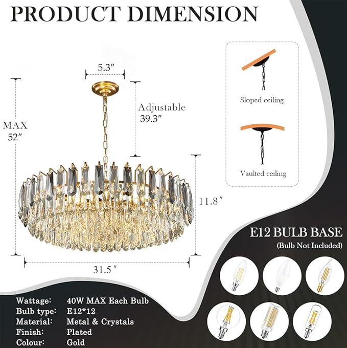 31.5" Gold Crystal Chandeliers Modern3-Tier Luxury Crystal Pendant Light Ceiling Pendant Lighting for Dinning Room Living Room Foyer
