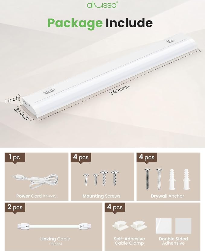 ALUSSO 24 Inch LED Under Cabinet Lighting Plug in 120V, 5CCT Color Selectable 2700K-5000K Dimmable 15W 1200LM High Brightness, CRI 90+ Strip Linkable Under Counter Lights for Kitchen Sink, 1 Pack