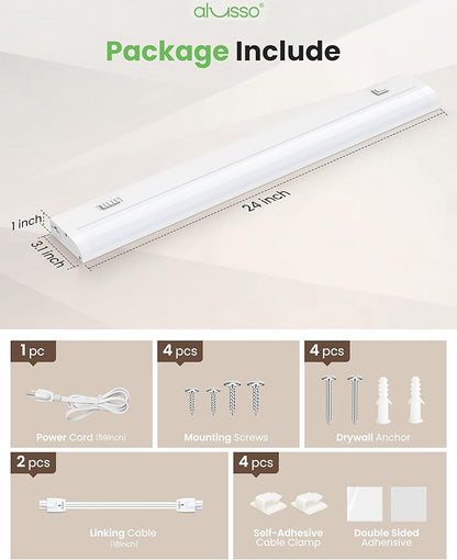 ALUSSO 24 Inch LED Under Cabinet Lighting Plug in 120V, 5CCT Color Selectable 2700K-5000K Dimmable 15W 1200LM High Brightness, CRI 90+ Strip Linkable Under Counter Lights for Kitchen Sink, 1 Pack