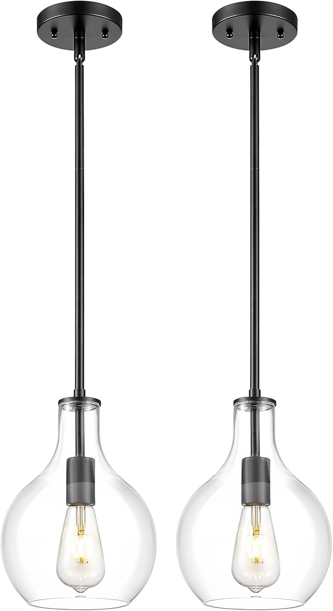 Emak 2 Pack Pendant Lights Kitchen Island, 8 Inch Black Pendant Light Fixtures with Clear Glass, Modern Farmhouse Hanging Lights for Kitchen, Bathroom, Bedroom, Dining Room, PL125-BK-2PK