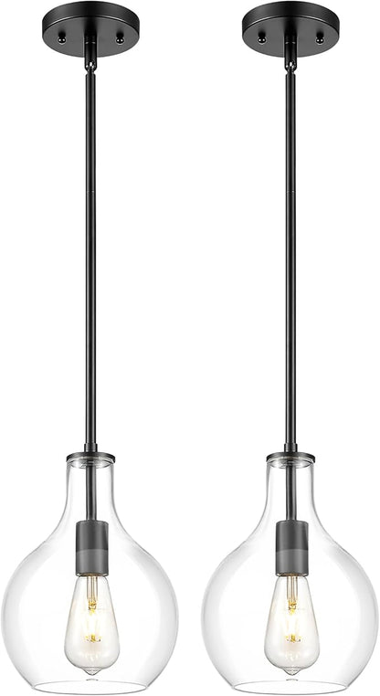 Emak 2 Pack Pendant Lights Kitchen Island, 8 Inch Black Pendant Light Fixtures with Clear Glass, Modern Farmhouse Hanging Lights for Kitchen, Bathroom, Bedroom, Dining Room, PL125-BK-2PK