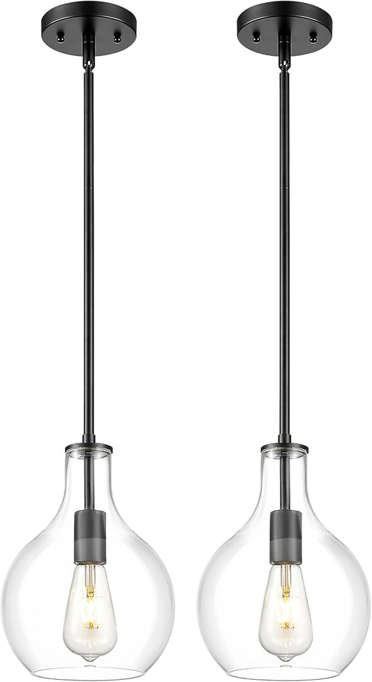 Emak 2 Pack Pendant Lights Kitchen Island, 8 Inch Black Pendant Light Fixtures with Clear Glass, Modern Farmhouse Hanging Lights for Kitchen, Bathroom, Bedroom, Dining Room, PL125-BK-2PK