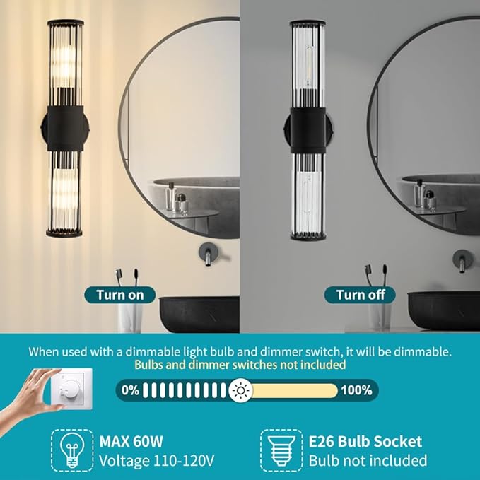 Black Wall Sconce Bathroom Vanity Light Fixtures for Mirror, Modern Wall Light with Glass Rod Shade for Bathroom, Bedroom, Hallway, Living Room - Bulb Not Included