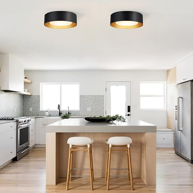 Yiisem Modern Black and Gold Flush Mount Ceiling Lights, Glass Round Ceiling Lighting, Minimalist Drum Close to Ceiling Light Fixtures for Bedroom, Dining Room, Bathroom, Hallways, Living Room