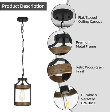 Farmhouse Pendant Light, Rustic Wood Metal Light Fixtures with Adjustable Hanging Chain, Small Pendant Lighting for Kitchen Island, Dining Room, Entryway, Cafe & Bar, 2 Pack