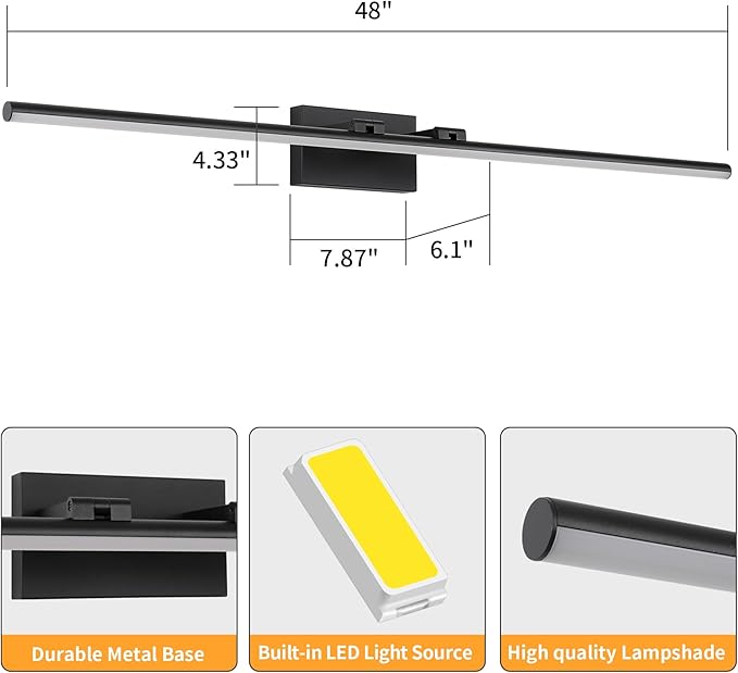 LED Bathroom Vanity Light, Modern Bathroom Light Fixture Over Mirror (Cool White 6000K), Vanity Light Bar with Angle Adjustable, 48 Inch, Black