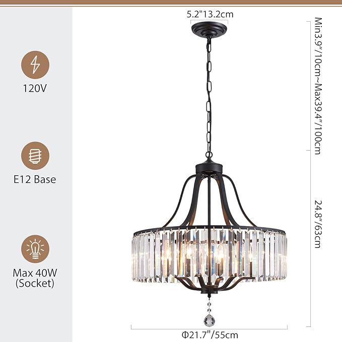 Modern Crystal Chandeliers Round 6-Light Large Black Pendant Lighting Fixture for Dining Room Living Room Kitchen Island Bedroom Hallway Hall Foyer 21.7" Adjustable Height Hanging Lamp