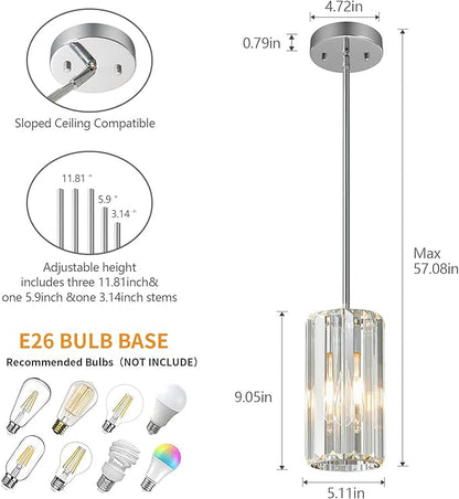 Chrome Pendant Lighting Modern Pendant Light Mini Crystal Chandeliers Adjustable Pendant Light Fixture for Kitchen Island Dinning Room Corridor Bedroom(Chorme 3-Pack)