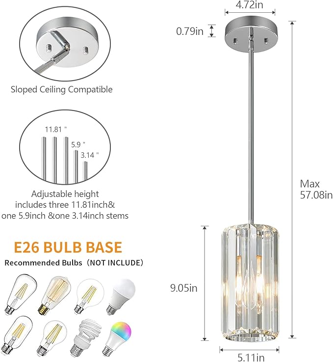 Chrome Pendant Lighting Modern Pendant Light Mini Crystal Chandeliers Adjustable Pendant Light Fixture for Kitchen Island Dinning Room Corridor Bedroom(Chorme 2-Pack)