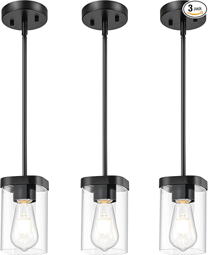 Modern Pendant Light Fixtures 3-Pack, Matte Black Pendant Lights Kitchen Island with Square Transparent Glass, Glass Pendant Light for Dining Room, Bedroom, Living Room, Farmhouse