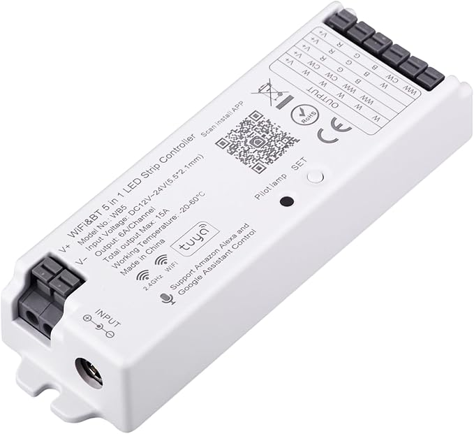 5 in1 WB5 2.4GHz WiFi PWM LED Controller Compatible with Alexa/Google Home/Tuya Smart Life APP Control for Dimming CCT RGB RGBCCT RGBW LED Strip Match WR01RF WR02RF etc RF Remote