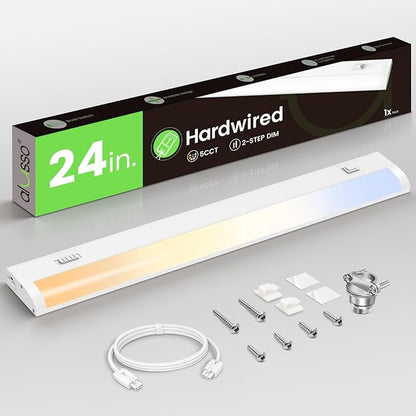 ALUSSO 24 Inch LED Under Cabinet Lighting Hardwired 120V, 5CCT Color Selectable 2700K-5000K Dimmable 15W 1200LM High Brightness, CRI 90+ Strip Linkable Under Counter Lights for Kitchen Sink, 1 Pack