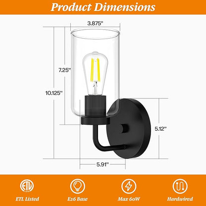 Zevluck 1-Light Wall Sconce, Modern Wall Light Fixtures with Clear Glass Shade, Matte Black Bathroom Vanity Light, Hardwired Vanity Wall Lamps for Bathroom, Bedroom, Living Room, Stairs, Hallway