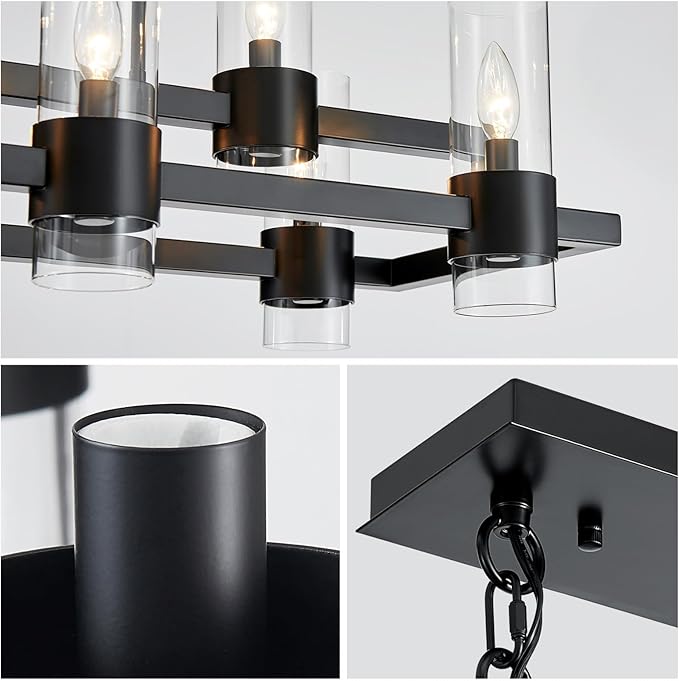 WUZUPS Island Rectangle Chandelier 8-Light with Clear Glass Industrial Modern Farmhouse Linear Light Fixture for Dining Room Kithen Island, Width 33.5" Height 12.6", Black