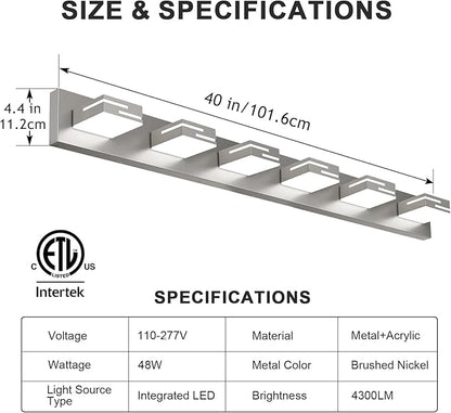 LED Modern Bathroom Vanity Light Fixtures, 6-Light 40-inch Dimmable Brushed Nickel Vanity Lights for Bathroom Lighting Fixtures Over Mirror, with 360° Rotatable Acrylic Heads (Cool White 6000K)