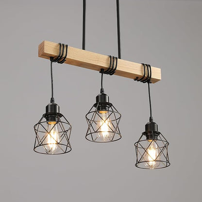 3 Light Farmhouse Kitchen Island Lighting,Dining Room Light Fixture,Adjustable Height Pendant,Real Wood and Black Metal Cage Chandelier for Kitchen,Dining Room