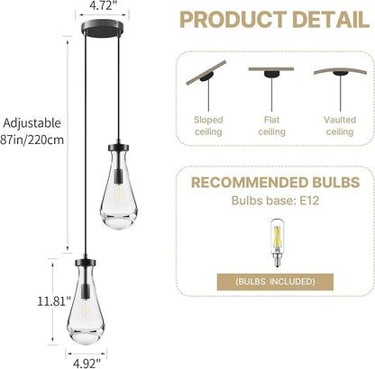 Raindrop Pendant Lights Kitchen Island: Modern Black Teardrop Hanging Light for Bathroom - 2 Lights Crystal Pendants Light over Dining Table - Brass matte lamps Fixture for Bedroom Bulbs Included