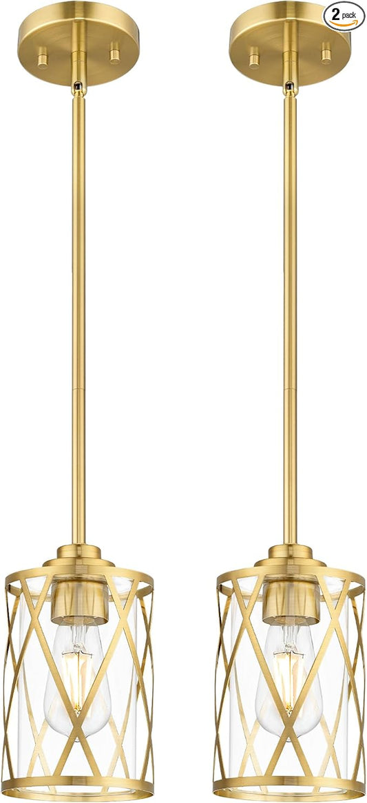 Beionxii 2 Pack Brushed Gold Pendant Lights Kitchen Island, Modern Kitchen Pendant Lighting Over Island, Farmhouse Industrial Cage Hanging Lighting with Clear Glass for Sink,Dining Room, BX-PL07BG-2PK