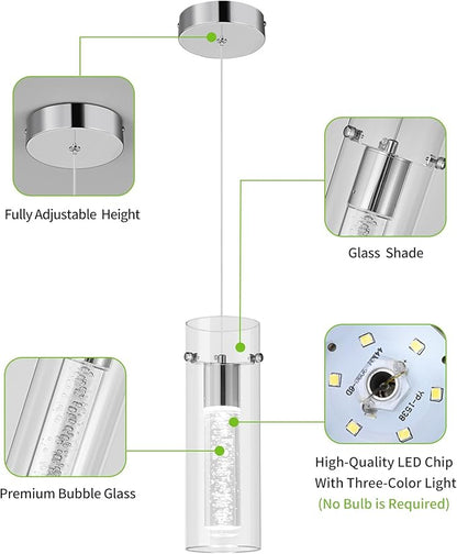 Pendant Ceiling Light Fixture for Kitchen Island, Chrome Pendant Light Integrated LED Hanging Light with Crystal Bubble Glass Pendant Light Modern Pendant Lights Kitchen Island (3-Pack)