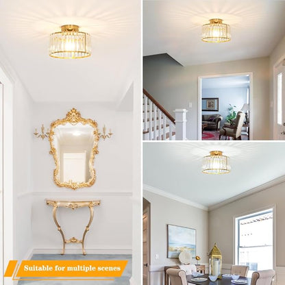 Crystal Ceiling Light Fixture, Modern Semi Flush Mount Ceiling Light, Gold Hallway Lighting Fixtures Chandelier for Kitchen, Close To Ceiling Light Fixtures for Entryway Bedroom, 1-Light, 11Inch