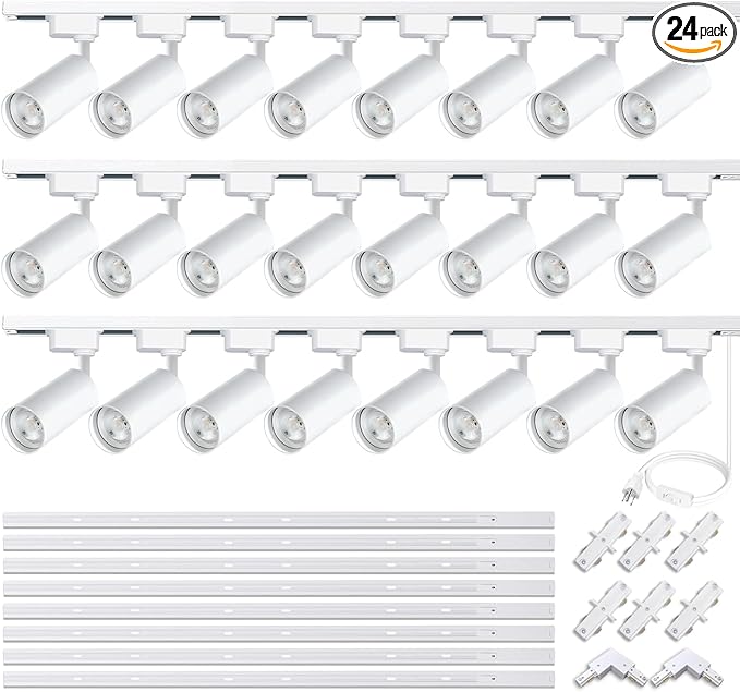 Ultra-Bright H Type White Track Lighting Kit with 26.2 FT Track Rails, 24 Heads 4000K Natural White 20W 2400lm, Dimmable Plug in LED Track Lights for Store, Moblie Cart and Office