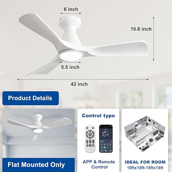Depuley Ceiling Fans with Lights and Remote: Flush Mount Low Profile Ceiling Fan for Bedroom - Dimmable Indoor Outdoor Fan with APP Control White Timer