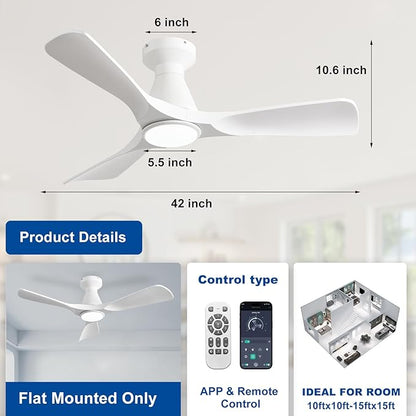 Depuley Ceiling Fans with Lights and Remote: Flush Mount Low Profile Ceiling Fan for Bedroom - Dimmable Indoor Outdoor Fan with APP Control White Timer