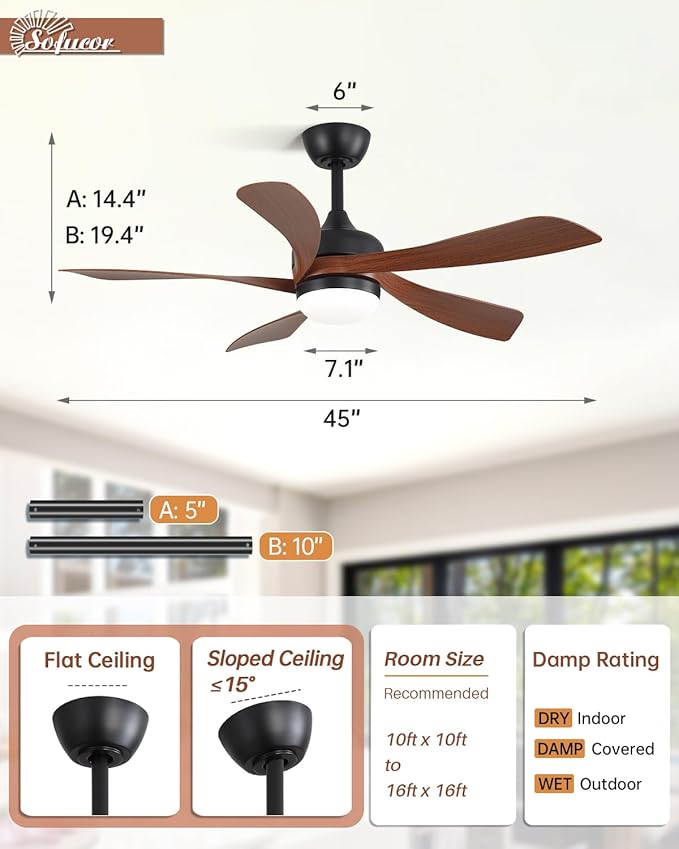 Sofucor 45" Smart Ceiling Fan, Indoor/Outdoor Ceiling Fans with Lights and Remote, Compatible with Alexa/Google/App, 3-Color Light 6-Speed Timing Reversible DC Motor for Bedroom Living Room Patio