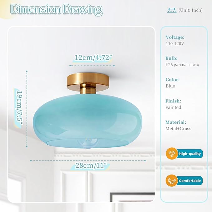 Lighting Glass Flush Mount Ceiling Light Blue Round Dome Glass Shade Mid Century Semi Flush Mount Ceiling Light Fixtures wtih Bathroom Overhead Lights Nordic Hallway Lights Fixture