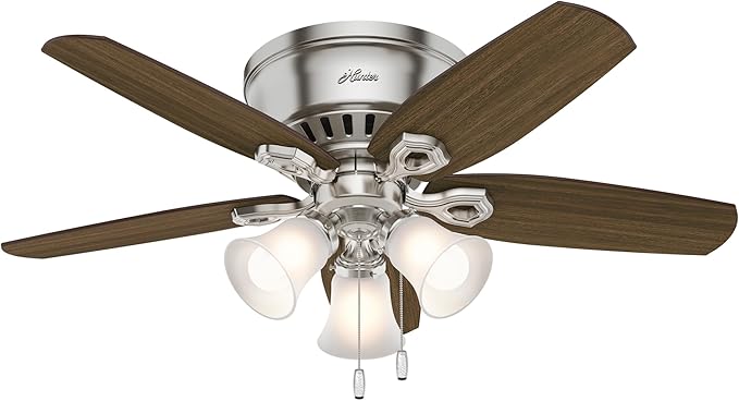 Hunter 42 inch Indoor Ceiling Fan with LED Lights - Ceiling Fan with Pull Chain, For Bedroom, Living Room, or Kitchen, Low Profile Flush Mount, No Remote, 5 Blades - Builder 51092, Brushed Nickel