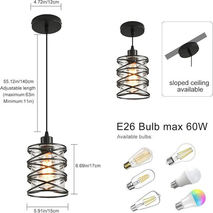 3 Pack Pendant Light Kitchen Island Pendant Lighting, Glass Hanging Light with Spiral Cage Clear Glass Shade, Black Modern Indoor Hanging Lamp