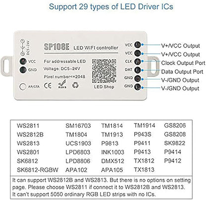 RGBZONE SP108E WiFi LED Controller, Smart APP Control, DC5V/12V/24V WS2812B WS2811 WS2815 WS2801 SK6812-RGBW WS2813 SK9822 etc Almost LED Strip Module Light