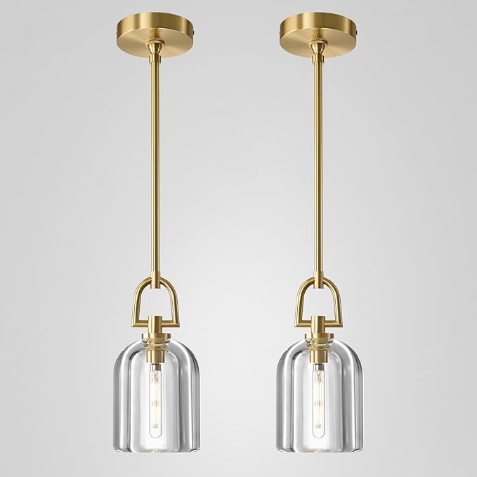 2 PCS of K9 Crystal Pendant Light with Brass Rod,5.1" Dimmable Contemporary Cylinder Light Above Dining Table,Modern Ceiling Hanging Lighting for Bedroom E12 Bulbs Included