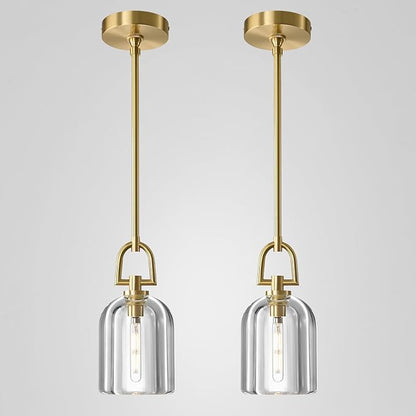 2 PCS of K9 Crystal Pendant Light with Brass Rod,5.1" Dimmable Contemporary Cylinder Light Above Dining Table,Modern Ceiling Hanging Lighting for Bedroom E12 Bulbs Included