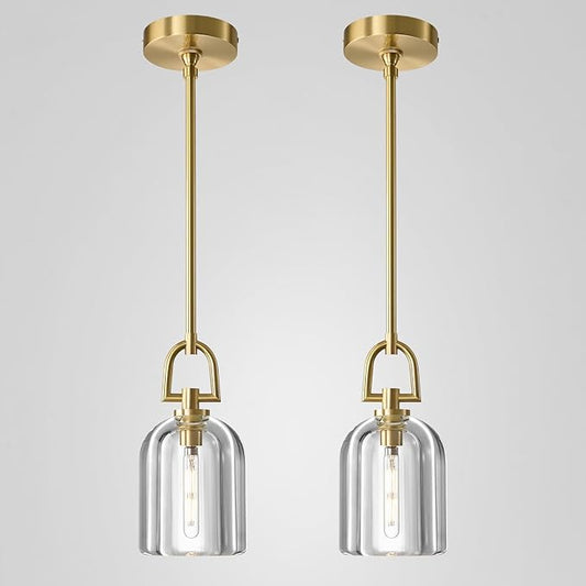 2 PCS of K9 Crystal Pendant Light with Brass Rod,5.1" Dimmable Contemporary Cylinder Light Above Dining Table,Modern Ceiling Hanging Lighting for Bedroom E12 Bulbs Included