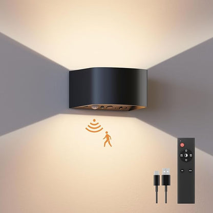 FULEN Motion Sensor Wall Lights with Remote Control 3 Colors Wireless Wall Lamp LED Indoor Up Down Wall Sconces 5000mAh Rechargeable Battery Powered Wall Lamps Brightness Adjustable, 1 Pack