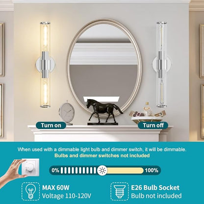 Chrome Wall Sconce, Bathroom Light Fixtures in Clear Glass Indoor Wall Sconces, Modern Sconce Wall Lighting Up and Down Vanity Lights Fixtures for Bathroom,Living Room - Bulb Not Included