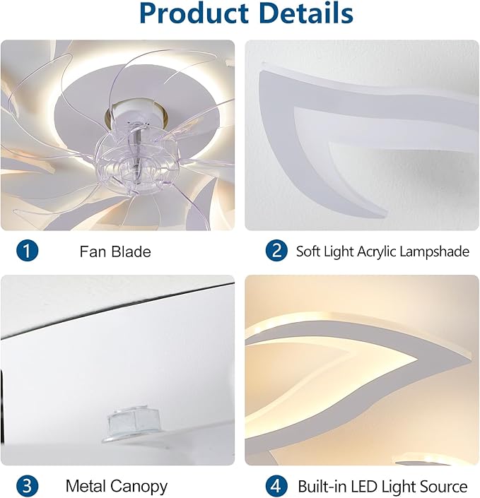 32" White Geometric Modern 6-Head Ceiling Fan with Lights Remote Control, Low Profile Ceiling Fan with Light for Kitchen Bedroom Living Room