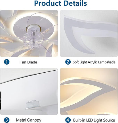 32" White Geometric Modern 6-Head Ceiling Fan with Lights Remote Control, Low Profile Ceiling Fan with Light for Kitchen Bedroom Living Room