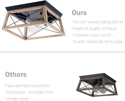 VILUXY Farmhouse Wood Flush Mount Ceiling Light Fixture - 2-Light Square Lamp for Hallway, Entryway, Dining Room, Kitchen - Light Wood Color