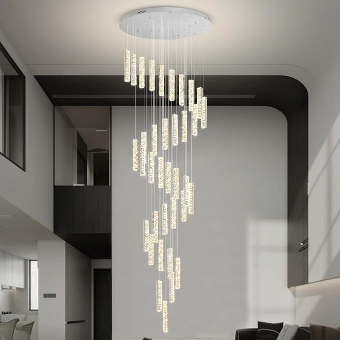 150in Long Crystal Chandelier Large Spiral Stair Chandeliers for High Ceilings Foyer Entryway Flush Mount Ceiling Lights 36-Light Silver LED Dimmbale