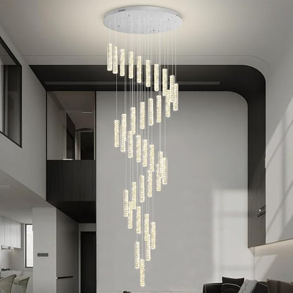150in Long Crystal Chandelier Large Spiral Stair Chandeliers for High Ceilings Foyer Entryway Flush Mount Ceiling Lights 36-Light Silver LED Dimmbale