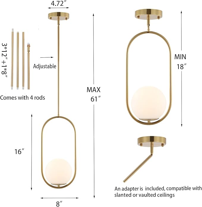 BYOLIIMA Modern Gold Globe Pendant Light Mid Century Chandelier 1-Light Brushed Brass Ceiling Hanging Lighting Fixture with White Globe Glass Shade for Kitchen Island Dining Room Bedroom