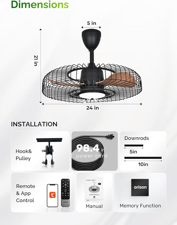 Orison Outdoor Ceiling Fans with Lights for Patio, 24" Weatherproof Ceiling Fan, Gazebo Fan Remote & APP Control, 3CCT Dimmable,Caged Plug in Ceiling Fan with Hanging Hook for Pergola Porch Canopy
