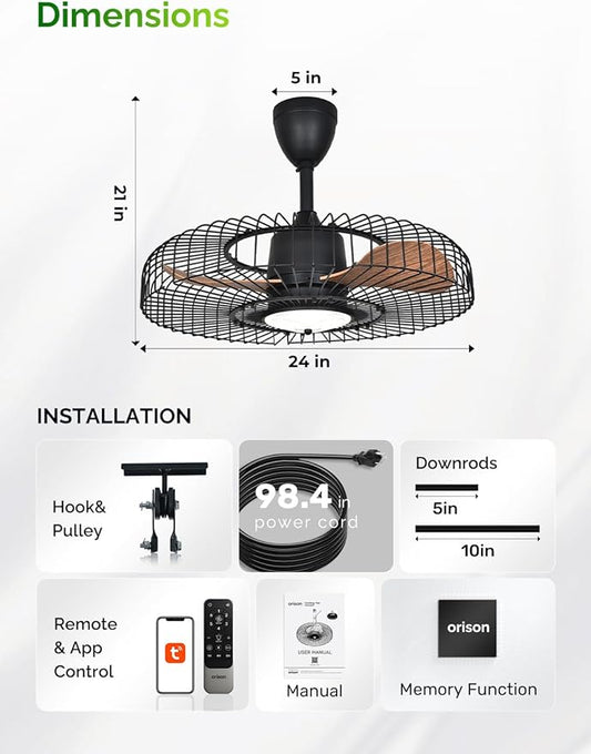 Orison Outdoor Ceiling Fans with Lights for Patio, 24" Weatherproof Ceiling Fan, Gazebo Fan Remote & APP Control, 3CCT Dimmable,Caged Plug in Ceiling Fan with Hanging Hook for Pergola Porch Canopy