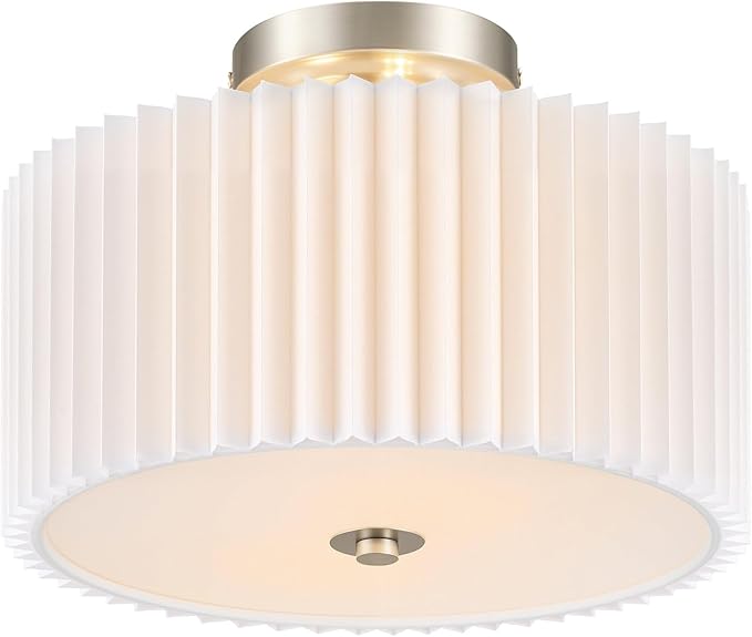 VONLUCE Semi-Flush Mount Ceiling Light, 12.2" Modern 2-Light Ceiling Light Fixture with White Pleated Drum Shade 2 E26 Sockets for Bedroom Entryway Living Room, Nickel Finish, ETL Certificated